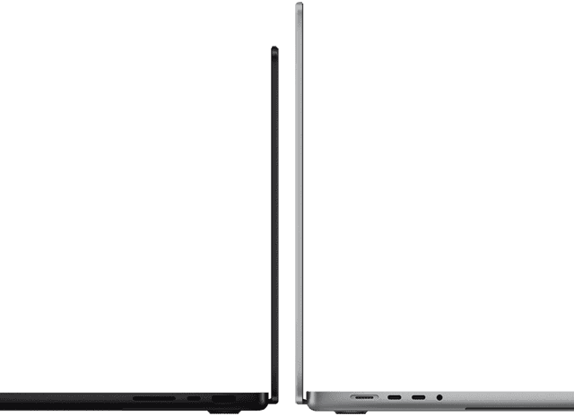 MacBook Pro 14-inch and 16-inch back to back, showing size difference and emphasizing the narrow profile