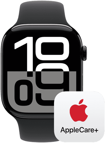 Apple Watch Series 10 next to an AppleCare+ logo, representing AppleCare+ coverage