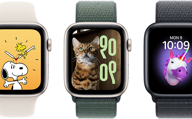 Watch face options, including Memoji, Photos, Portrait, and Snoopy, on six Apple Watch devices