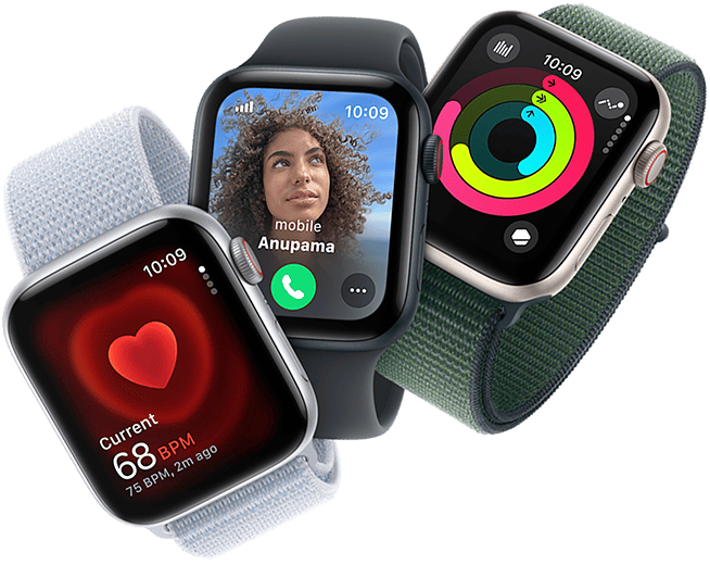 Heart rate monitoring, incoming call, and activity rings on three Apple Watch devices