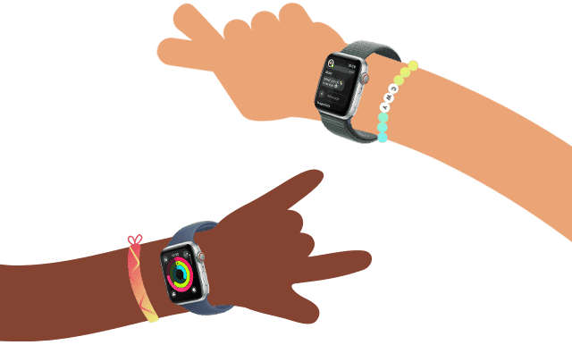 Activity rings on Apple Watch SE, worn on a cartoon child's arm. Messages app on Apple Watch SE, worn on a cartoon child's arm