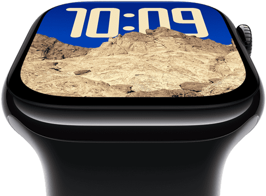 The screen of Apple Watch Series 10 tilting back to emphasize its larger screen area