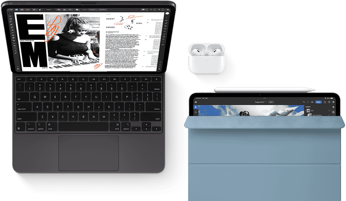 iPad Pro with Magic Keyboard, Airpods Pro. Another iPad with Apple Pencil and Smart Folio