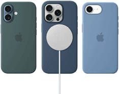 Various iPhone MagSafe accessories. iPhone 16 Silicone Case with MagSafe, Lake Green, iPhone 16 Pro Silicone Case with MagSafe, Denim, connected to MagSafe charger, white, iPhone 16e Silicone Case, Winter Blue