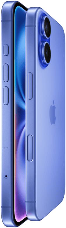 Two iPhone 16 devices, side exterior, stacked facing each other in Ultramarine finishes, volume buttons, Action button, Side button, Camera Control button, Apple logo in center, raised Advanced dual-camera system