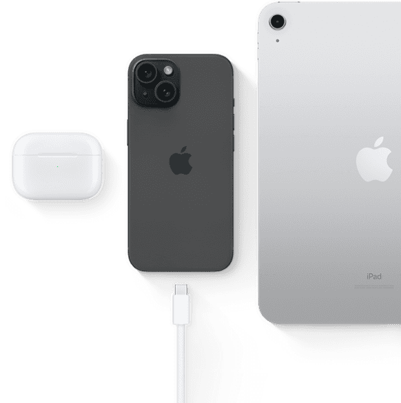 iPhone 15 with USB-C connector showing same connector can be used with AirPods Pro and iPad